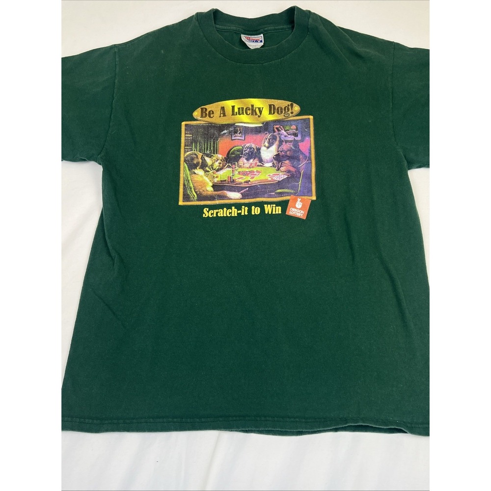 Vintage "Be a Lucky Dog" Scratch It 90's Oregon Lottery Hanes T Shirt Size Large